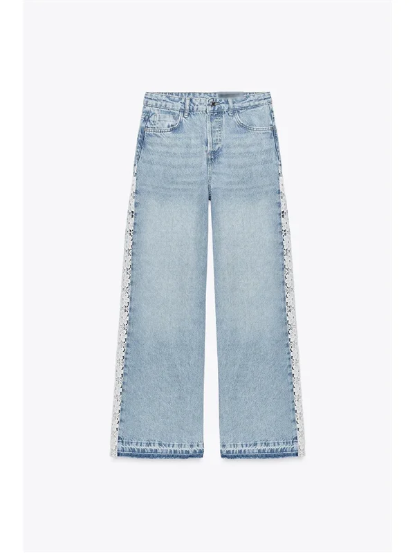 กระโปรงยีนส์เอวสูงทรงขากว้าง ไม่มีชายผ่า แต่งลูกไม้ เย็บตะขอเกี่ยว