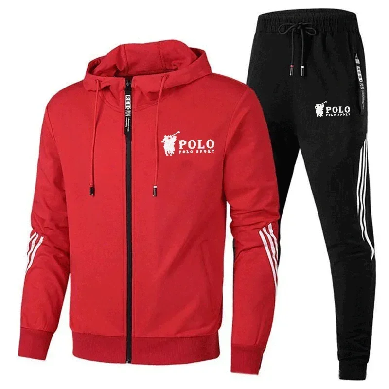 

Men's printed zipper hooded sweatshirt + long pants 2-piece spring and autumn fashionable fitness jogging suit set
