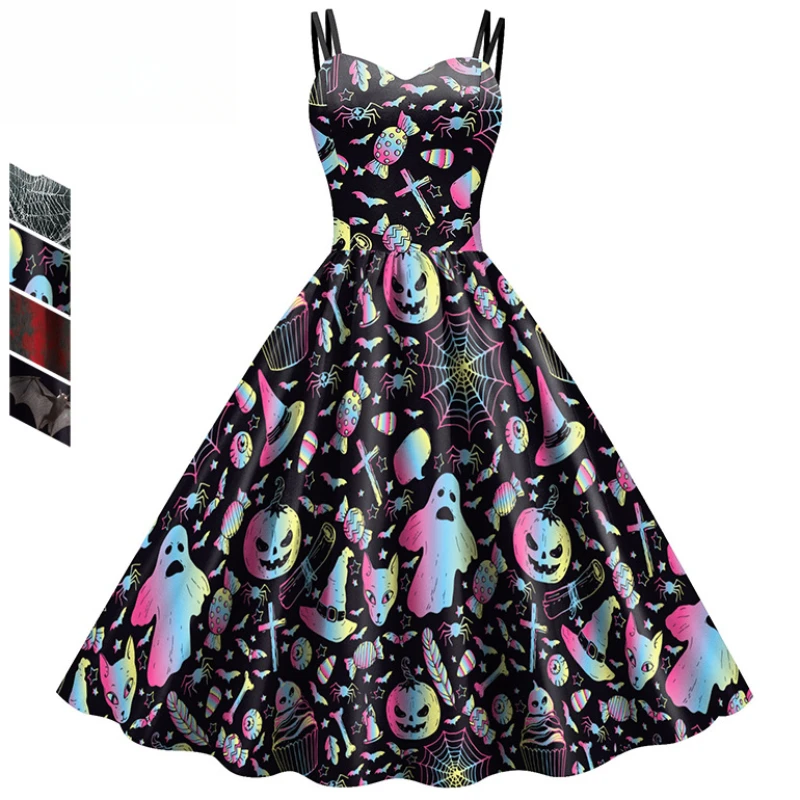 

Women Dress FashionHalloween Costumes for Women Skull Print Halter Dress Sleeveless Suspender Strappy Dress Witch Costumes