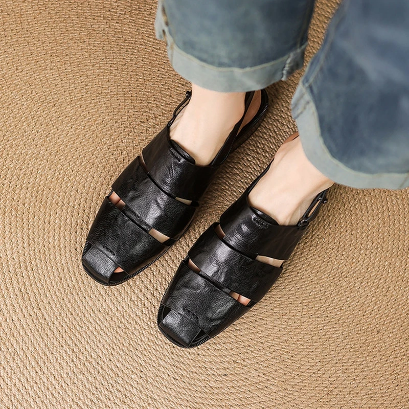 NEW Summer Women Sandals Genuine Leather Shoes for Women Square Toe Chunky Heel Shoes Cover Toe Slingback Shoes Weave Sandals - view 5
