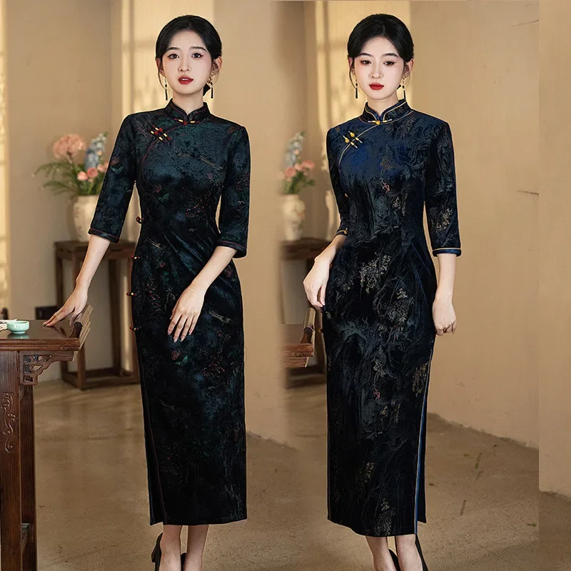 

Velvet Traditional Chinese Long Style Improved Cheongsam 2025 New Women's Retro Slim Long Sleeved Autumn/winter Dress Qipao