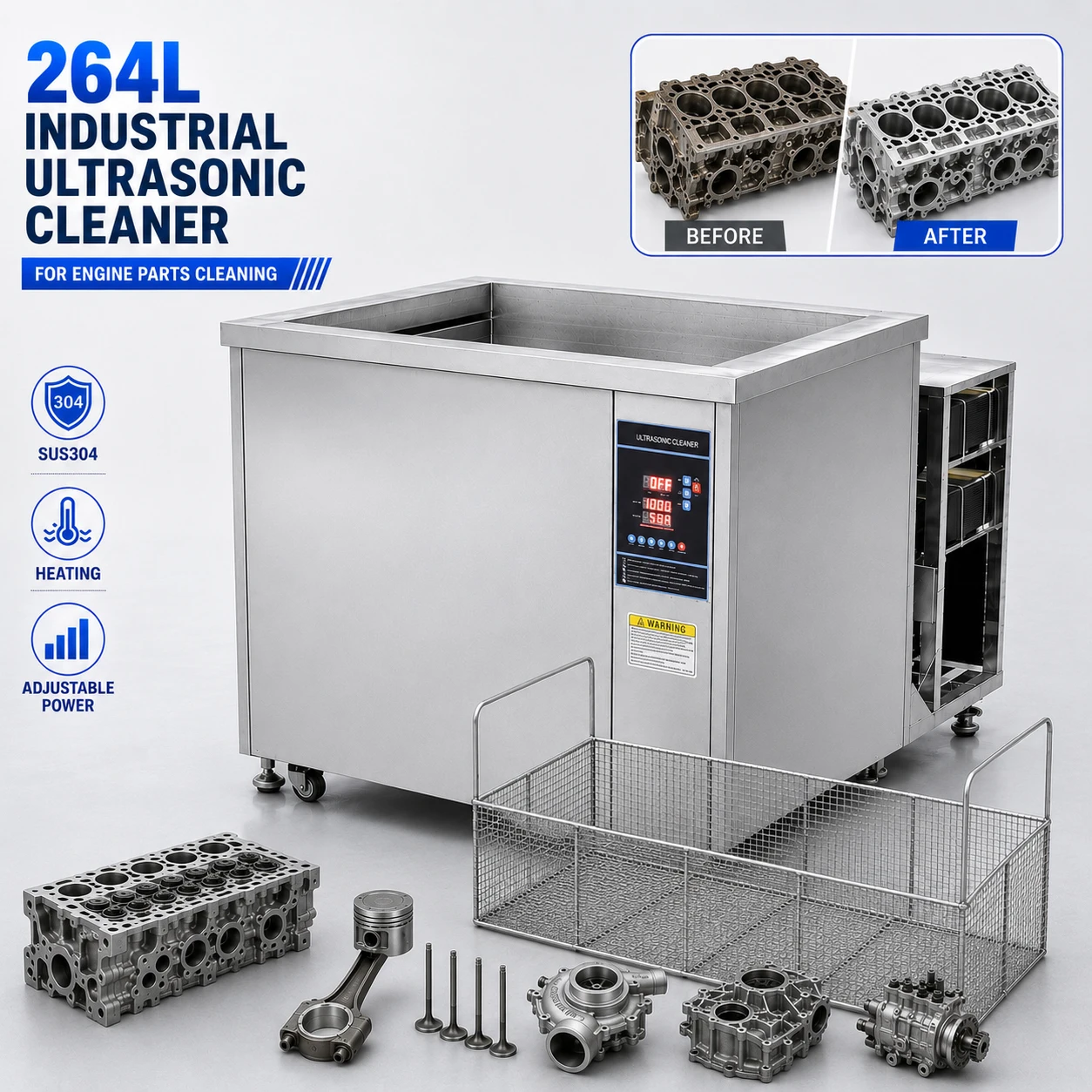 264L Industrial Ultrasonic Cleaner Parts Washer with Heater for Engine Block Diesel Truck Transmission Auto Parts Cleaning