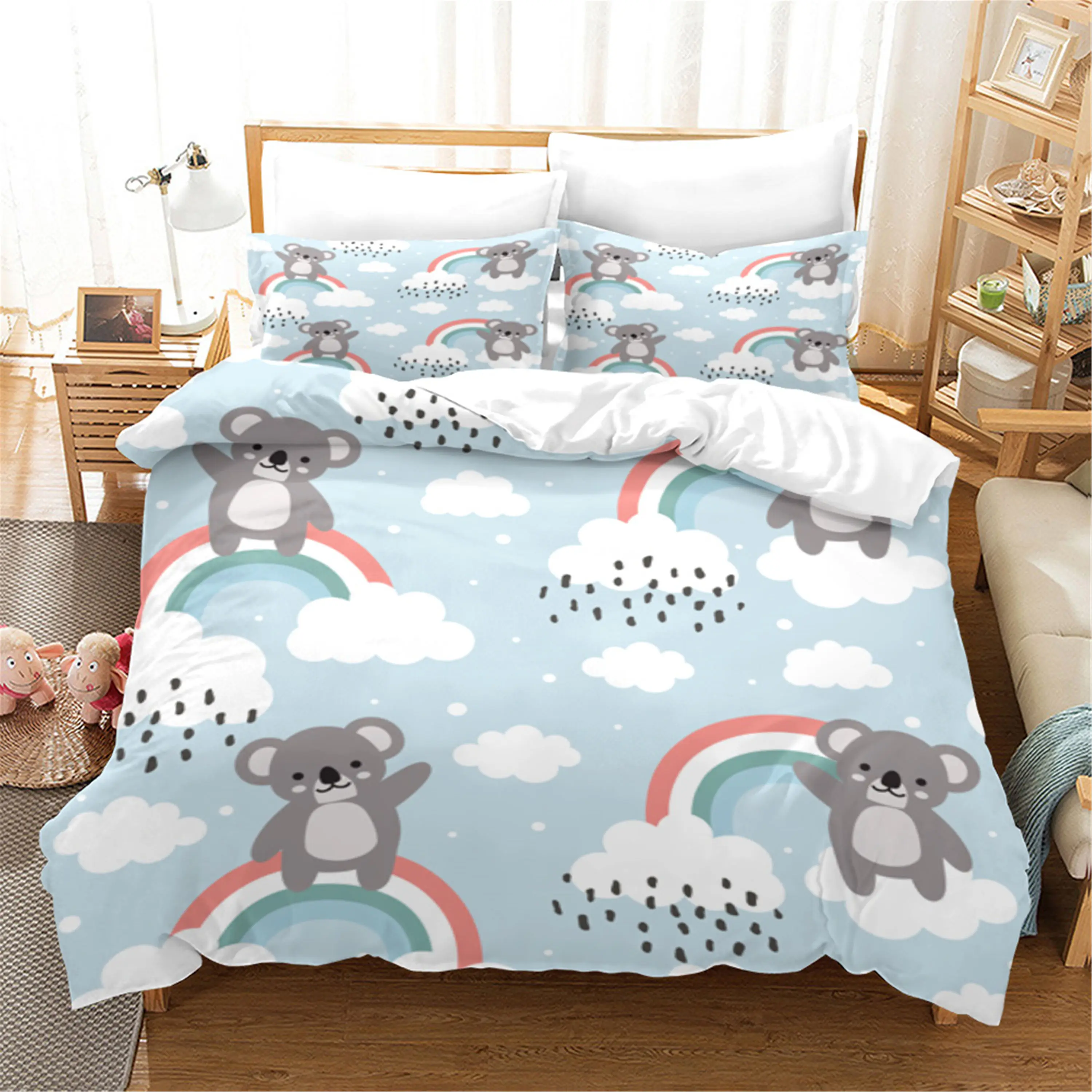 Cartoon Koala Duvet Cover King Queen Lovely Animal Bedding Set For Kids Teens Adults Wildlife Quilt Cover With Pillowcase 2/3PCS