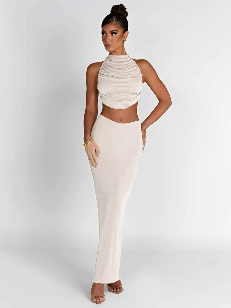 KLALIEN Elegant Party Evening Two Piece Set for Women Summer Autumn Sleeveless Backless Ruched Crop Top Bodycon Long Skirt Suit