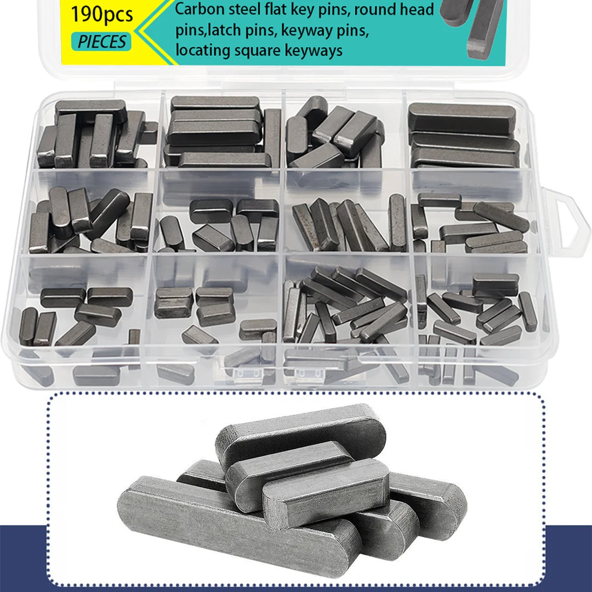 190-Piece Flat Key Pin Set, 3/4/5/6mm Carbon Steel Square Keyway Shaft Key Set, Automotive Mechanical Repair Hardware Fasteners