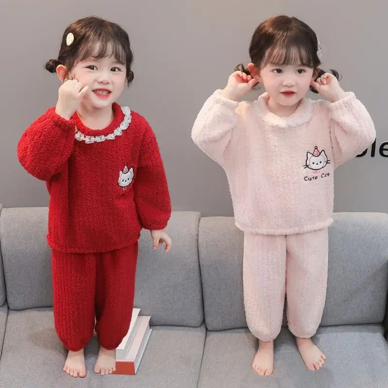 

Sanrio Hello Kitty Winter Pajamas 2-Piece Set Girl Autumn Thicken Pullover Pants Child Kawaii Anime Cartoon Fashion New Homewear