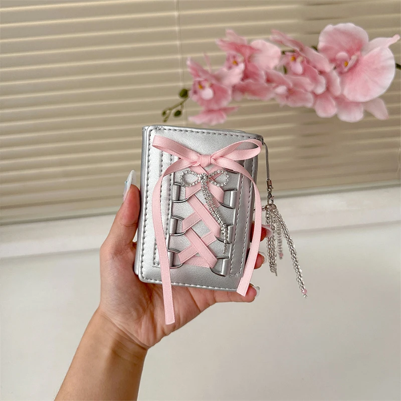 Y2K Korean Sweet Card Wallet Girl Fashion Ballet Style Lace Bow Short Id Card Purse Portable Coin Bag Student Creative Wallets