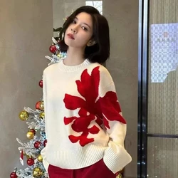 Lazy Style Flower Jacquard Design Round Neck Sweater for Women in Autumn New Loose Top for Women Stylish