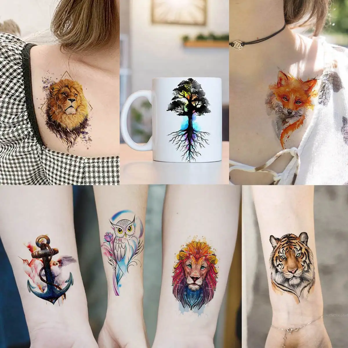 66 Sheets 3D Watercolor Animals Temporary Tattoos For Women Men Tattoo Paper Fake Owl Lion Wolf Tiger Snake Tatoos Long Lasting