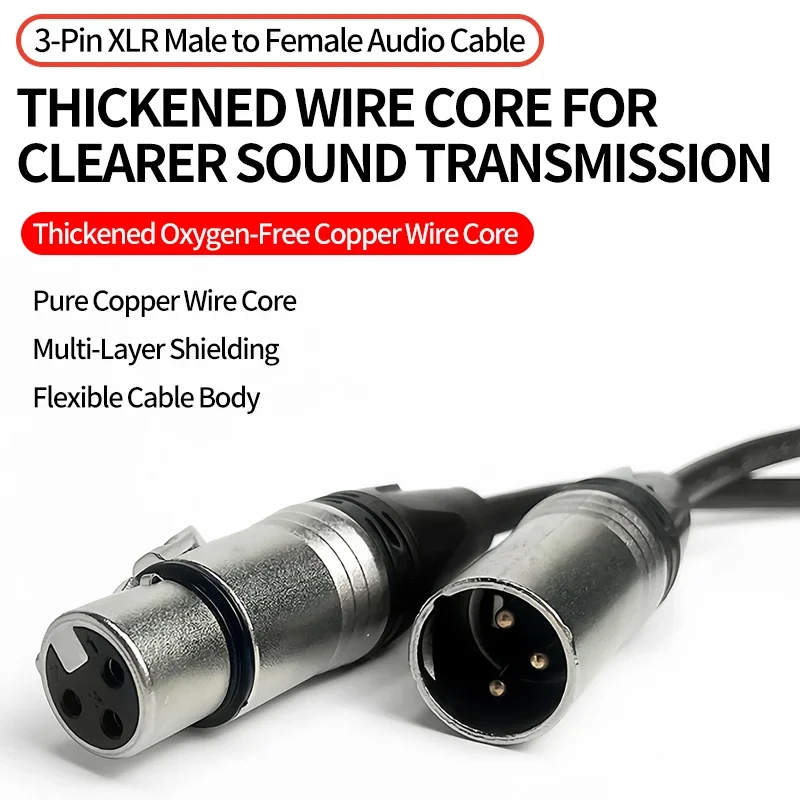 1M/2M/3M/5M/10M Gold-Plated 3-Pin XLR Male to Female Audio Cable - 3X0.75mm² (3X18AWG), Stable Signal