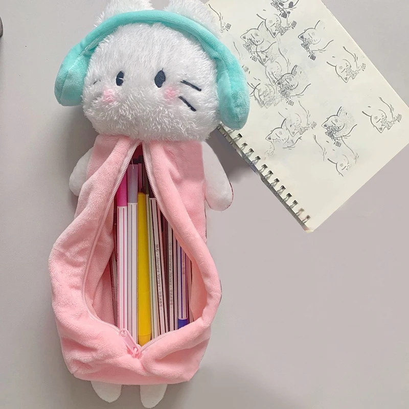 Ins Style Cartoon Cute Headphone Cat Pluszowy piórnik Przenośna torba na długopisy o dużej pojemności dla studentów Torba do przechowywania artykułów piśmiennych