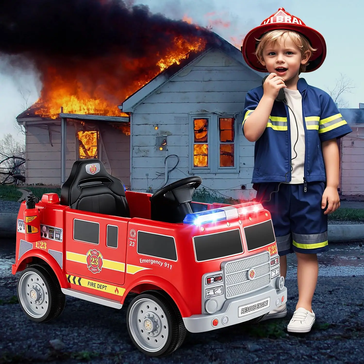 Kids Ride On Fire Truck, 12V Battery Powered Fire Car with Remote Control, Extinguisher, Shovel, Loudspeaker, Music, Sirens, Lights, Wireless Connection, Electric Vehicle for Children