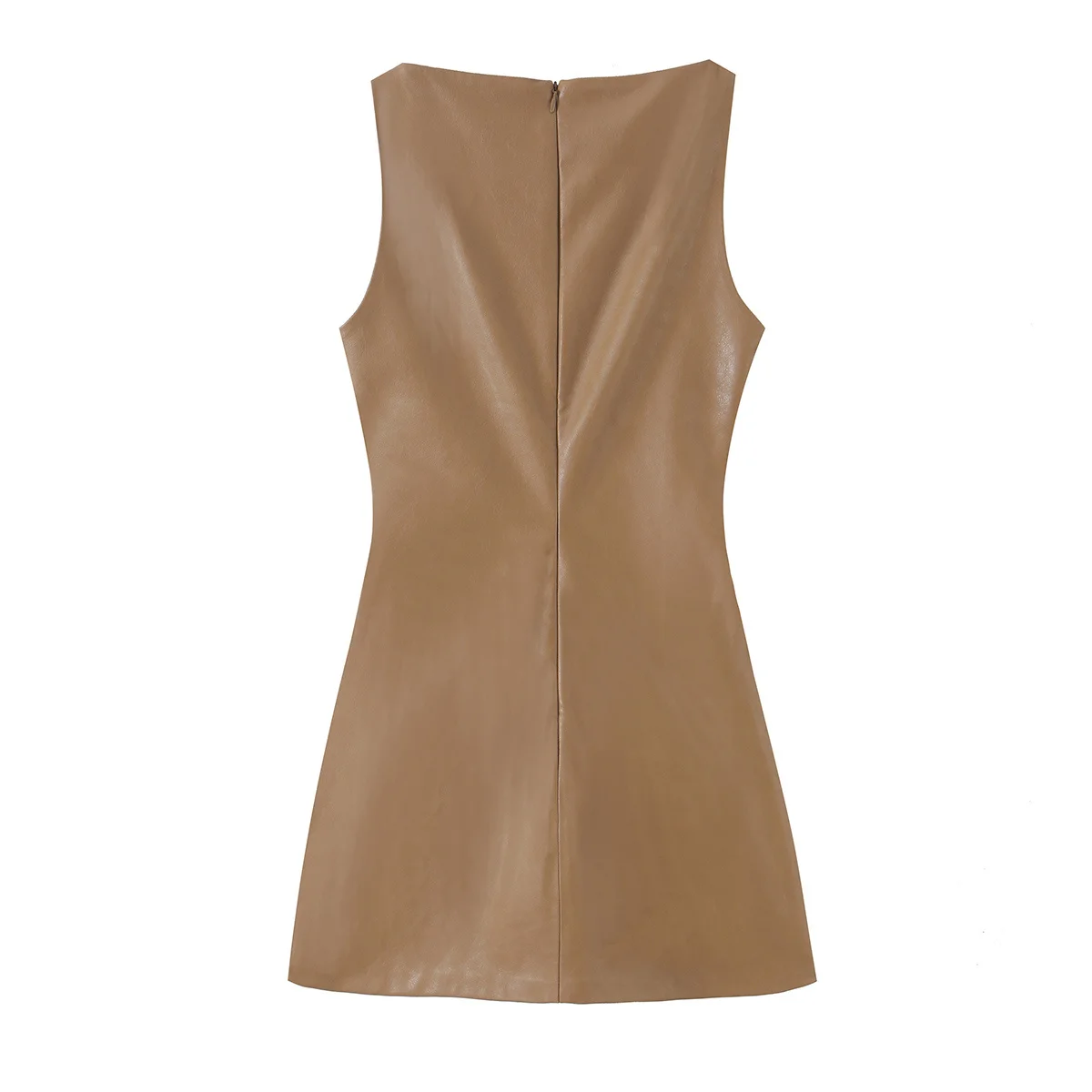 KONDALA Chic Fashion 2026 Vintage Elegantes Damenkleid Herbst PU Sexy Kleid Streetwear Ärmellos Khaki Falten Damenkleid – Detail 3