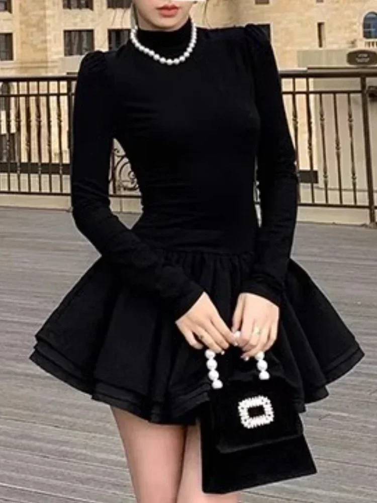 

Winter Retro Elegant One Piece Dress Women Black Patchwork Vintage Mini Dress Female Korean Fashion Casual Party Dress 2023 New