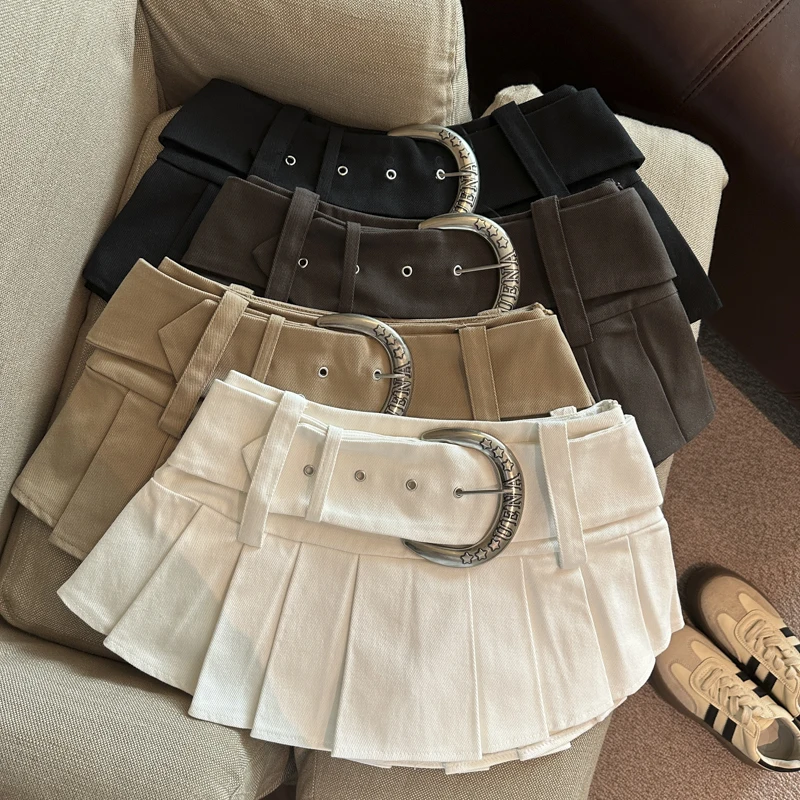 High Waist Pleated  Skirt with Wide Belt Anti Exposure Spring Summer American Style Slimming Short Skirt for Women
