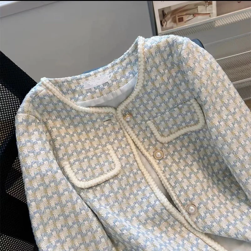 

Весенне-осенний повседневный укороченный пиджак в клетку для женщин, новый, высококачественный, в стиле «маленький аромат», французский винтажный твидовый пиджак