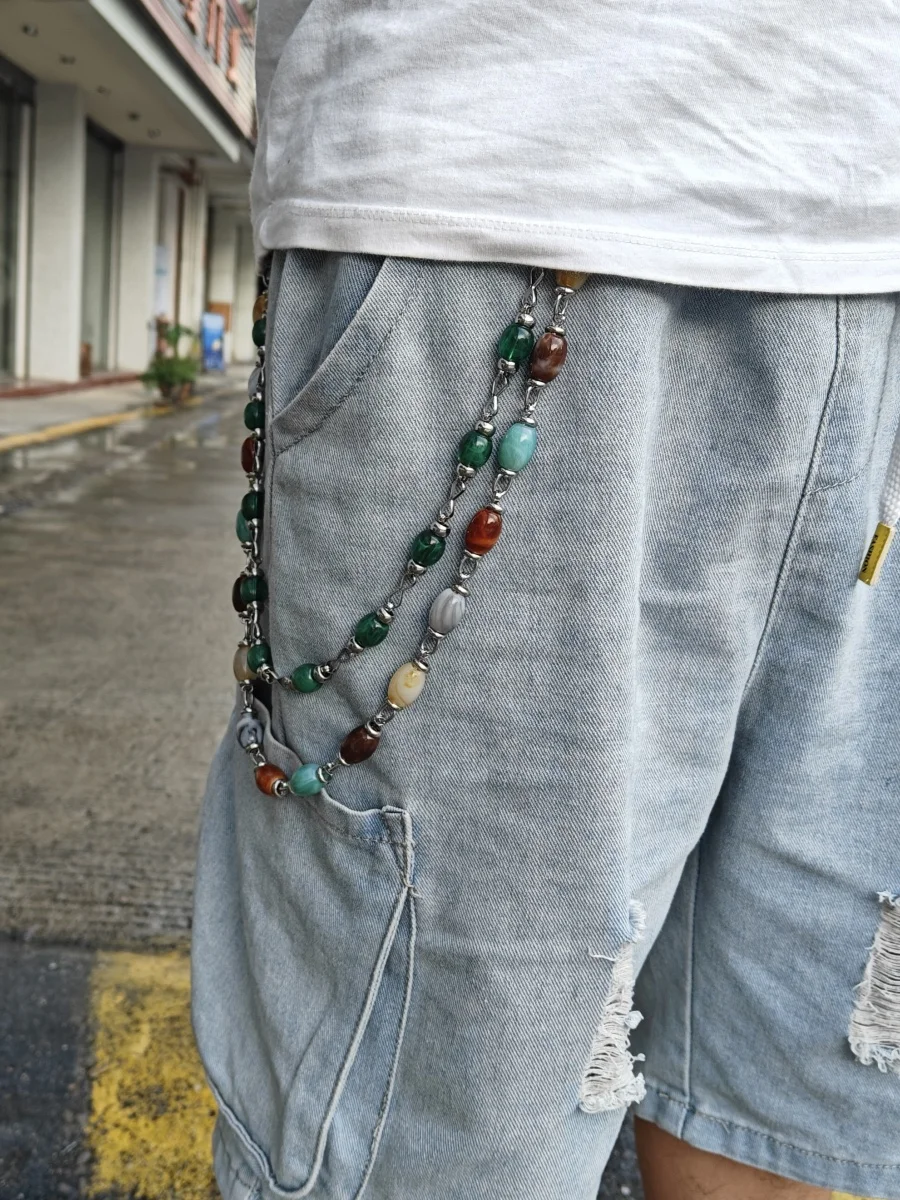 Farbiger Achat-Lmitations-Jade und Edelstein, mehrfarbige Hosenkette, böhmischer Stil, modische Luxus-Accessoires für Männer und Frauen – Detail 3