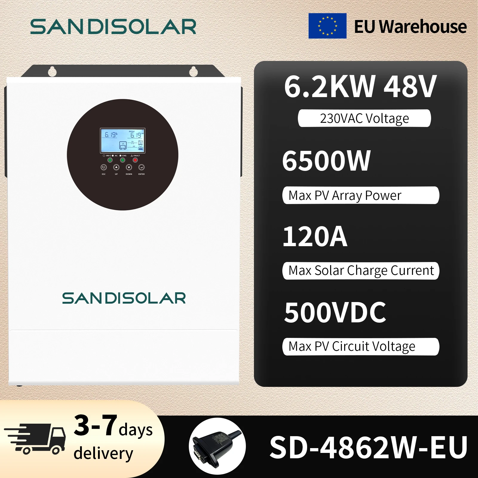 SANDISOLAR 4.2KW 6.2KW Hybrid Solar Inverter 24V 48V to 220V Pure Sine Wave 100A 120A MPPT 500VDC Built-in WiFi Parallel