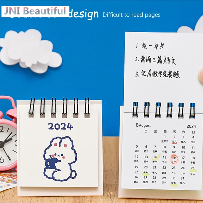 2024 Year Simple Ins Small Desk Calendar Student Desktop Cute Cartoon Dog Rabbit Mini Note Memo Calendar Study Office Calendar