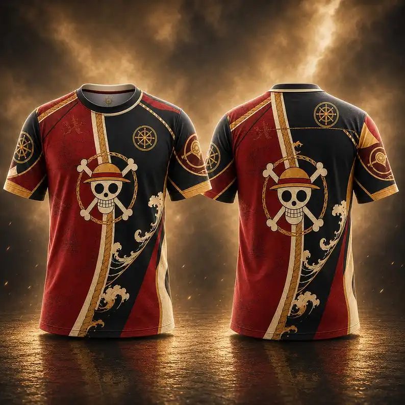 Men's Luffy Straw Hat FC Jersey Pirate Anime Street Women's Children's Loose Shirt T-shirt Sailing Casual Shorts Set Large