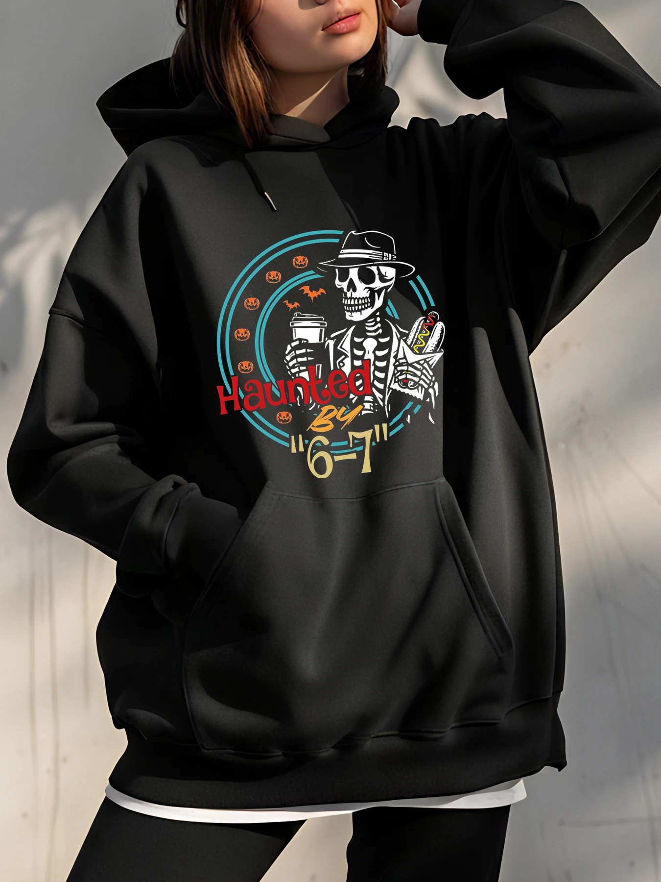 Hoodie Halloween Skeleton Print Black Sweatshirt Pakaian Kasual Wanita Musim Gugur Musim Dingin
