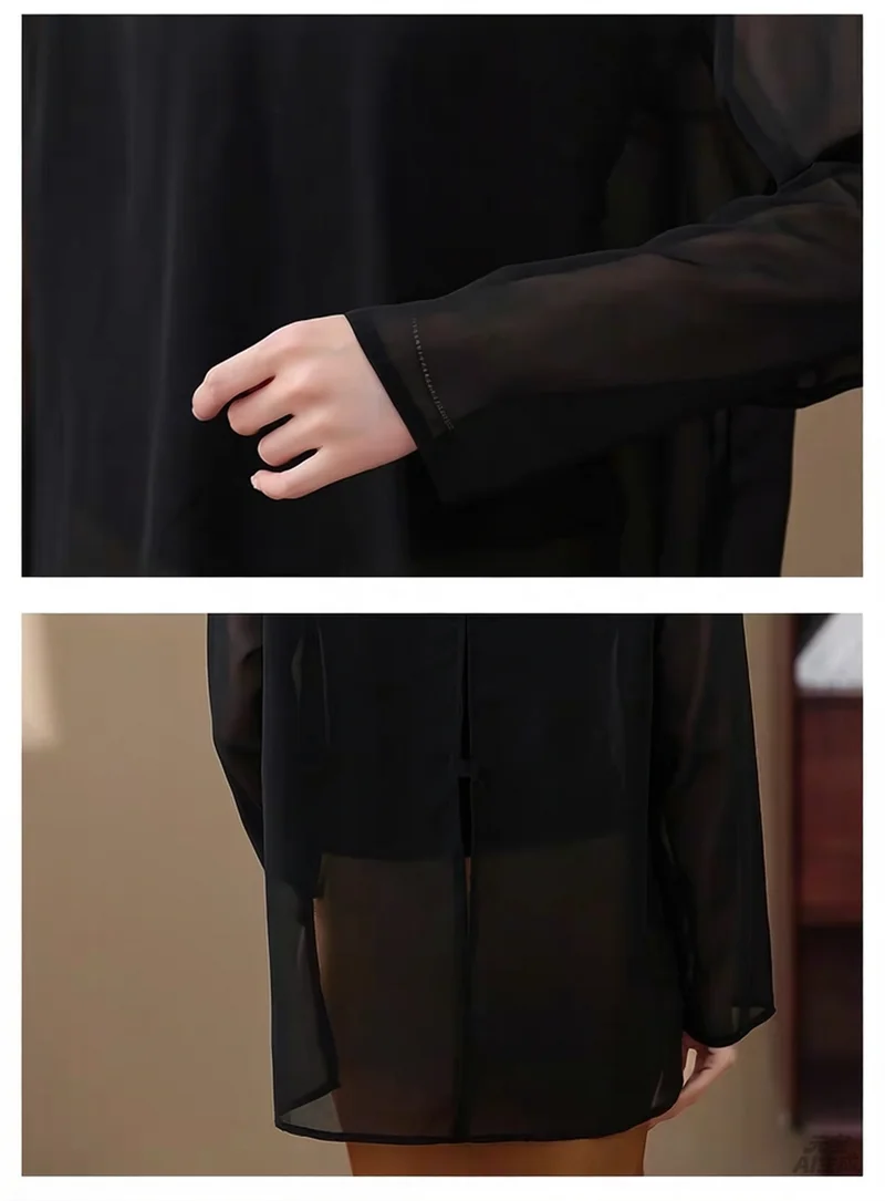 Korean Fashion Thin Chiffon Long Sleeve Shirt Transparent Oversized Women's Top Elegant See-through Cover-up for plus Size