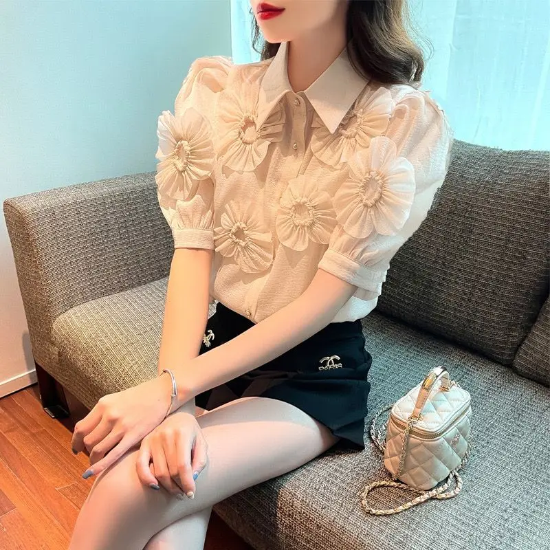 Sweet Office Lady Short Sleeve Shirts Summer Fashion Patchwork Bright Line Decoration Tops 2024 New Trend Solid Color Blouses