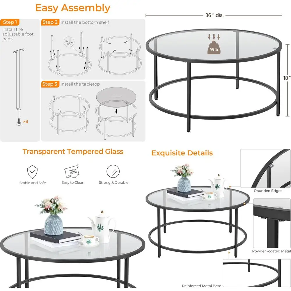 

36 Glass Top Coffee Table - Black Circular Center Table for Living Rooms, Offices, and Apartments