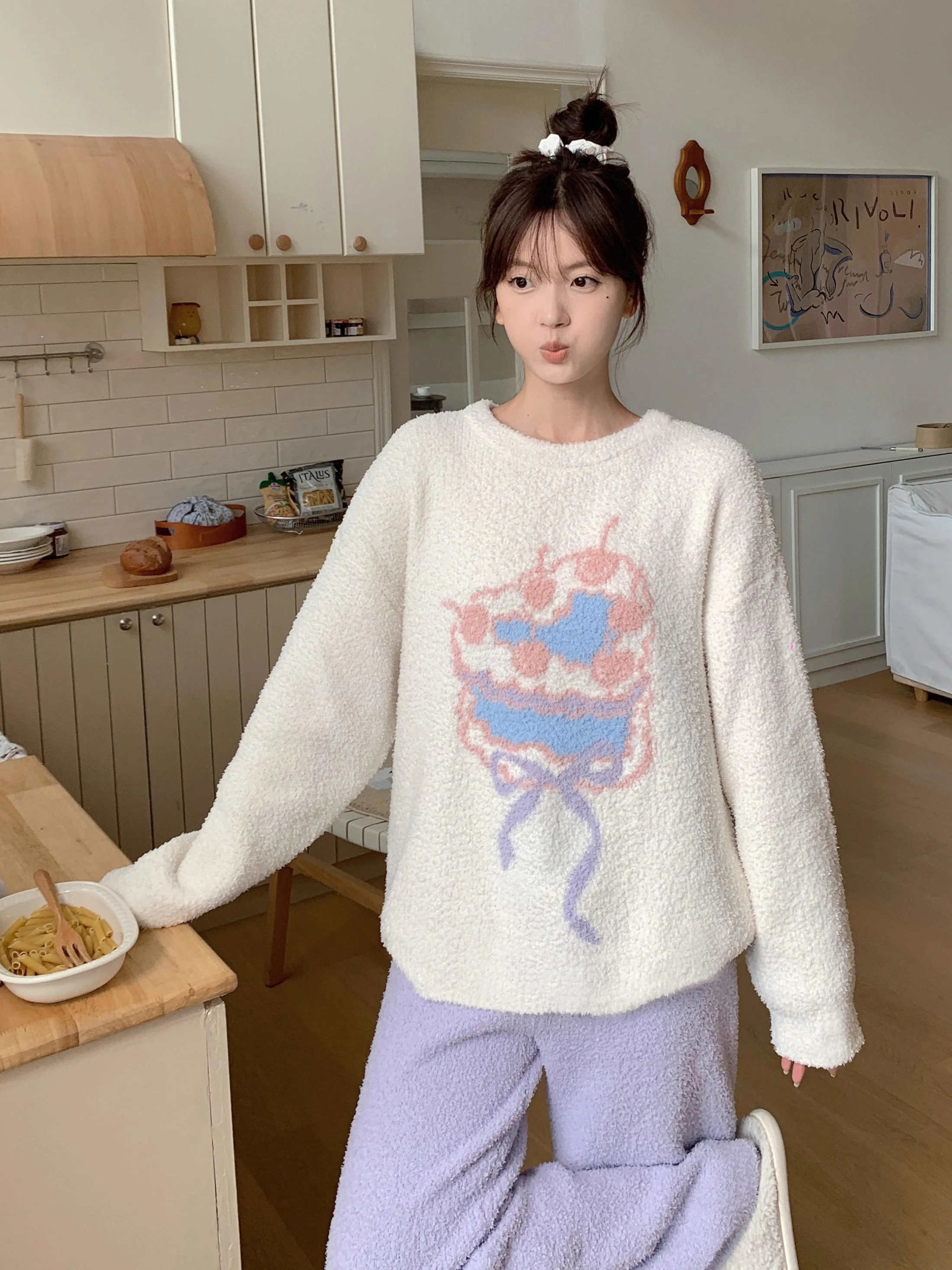 

Pajama Sets Navy Blue Women Winter Cotton Daily Wear Sleep Set Candlelight Evening Relaxed Cut Round Neck Long Sleeved Short Ins