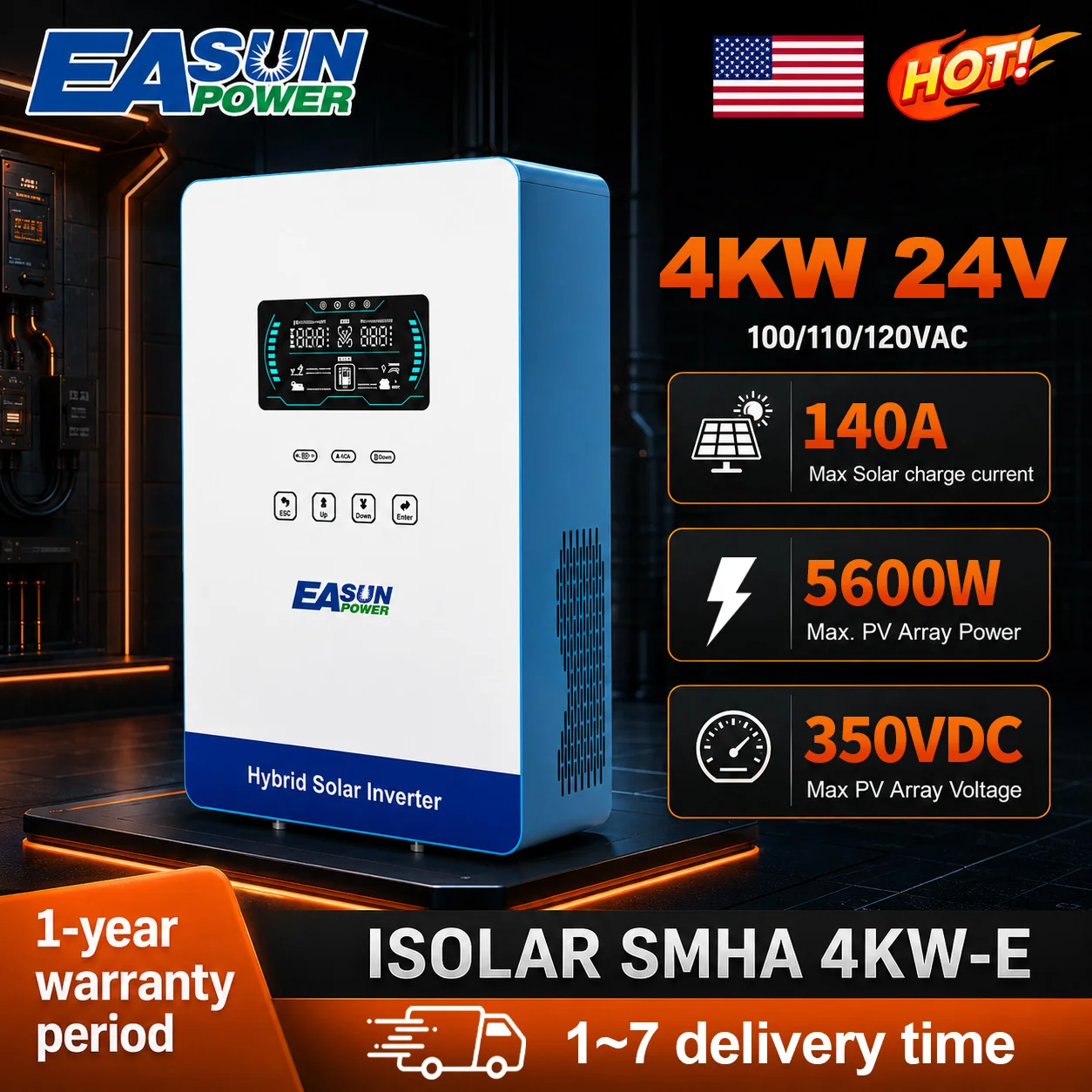 EASUN POWER 4000W Solar Inverter 120V Off Grid Solar Inverter 24V 140A 5600W MPPT Charger Pure Sine Wave Home Inverter 6.25 Inch LCD Display 4000W Hybrid Inverter 110V Inversor US Standard Machine Household Solar Energy Equipment