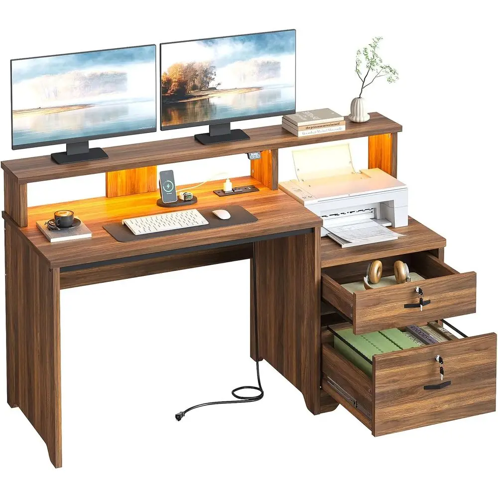 

55 Lockable Drawer Computer Desk with Charging Station, LED Lights and Storage for Home Office, Walnut