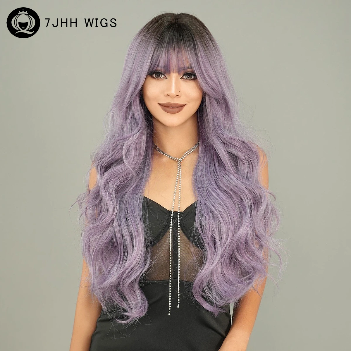 7JHH WIGS Costume Wig Synthetic Loose Water Wave Purple Wig with Dark Roots High Density Long Wavy Hair Wigs with Neat Bangs