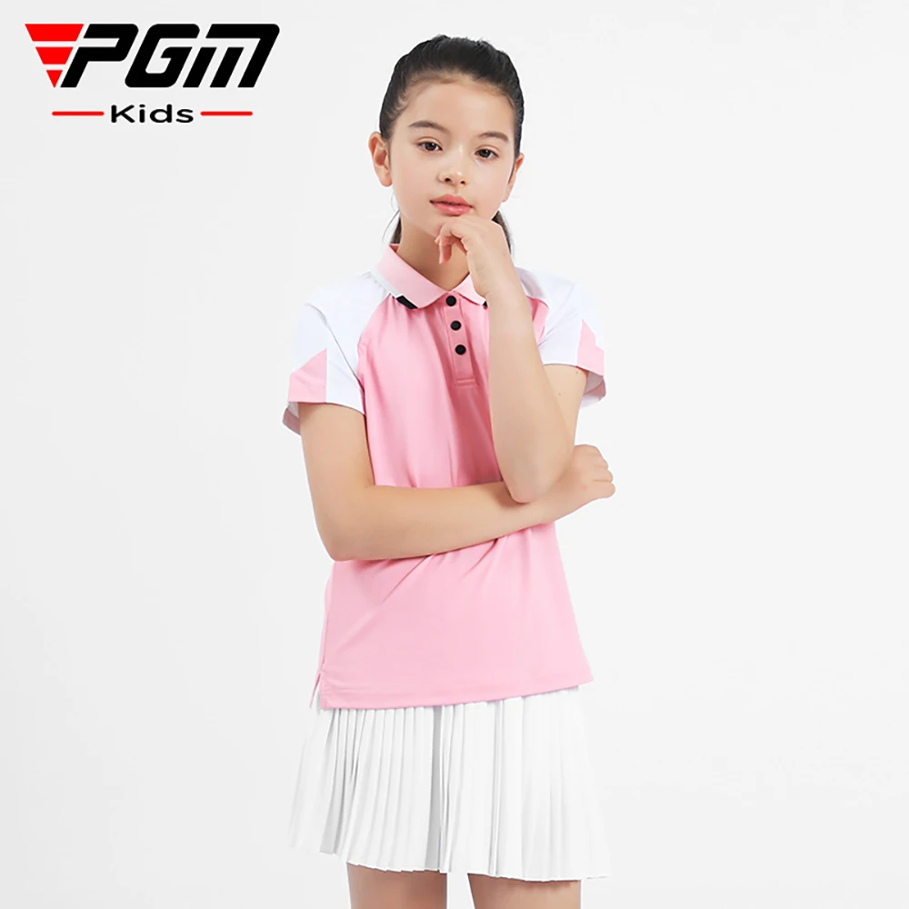 

PGM Girls Golf Wear Color-block Design Short Sleeve T-shirt Summer Stretch Breathable Comfortable Sports Top Clothing Kids 골프웨어