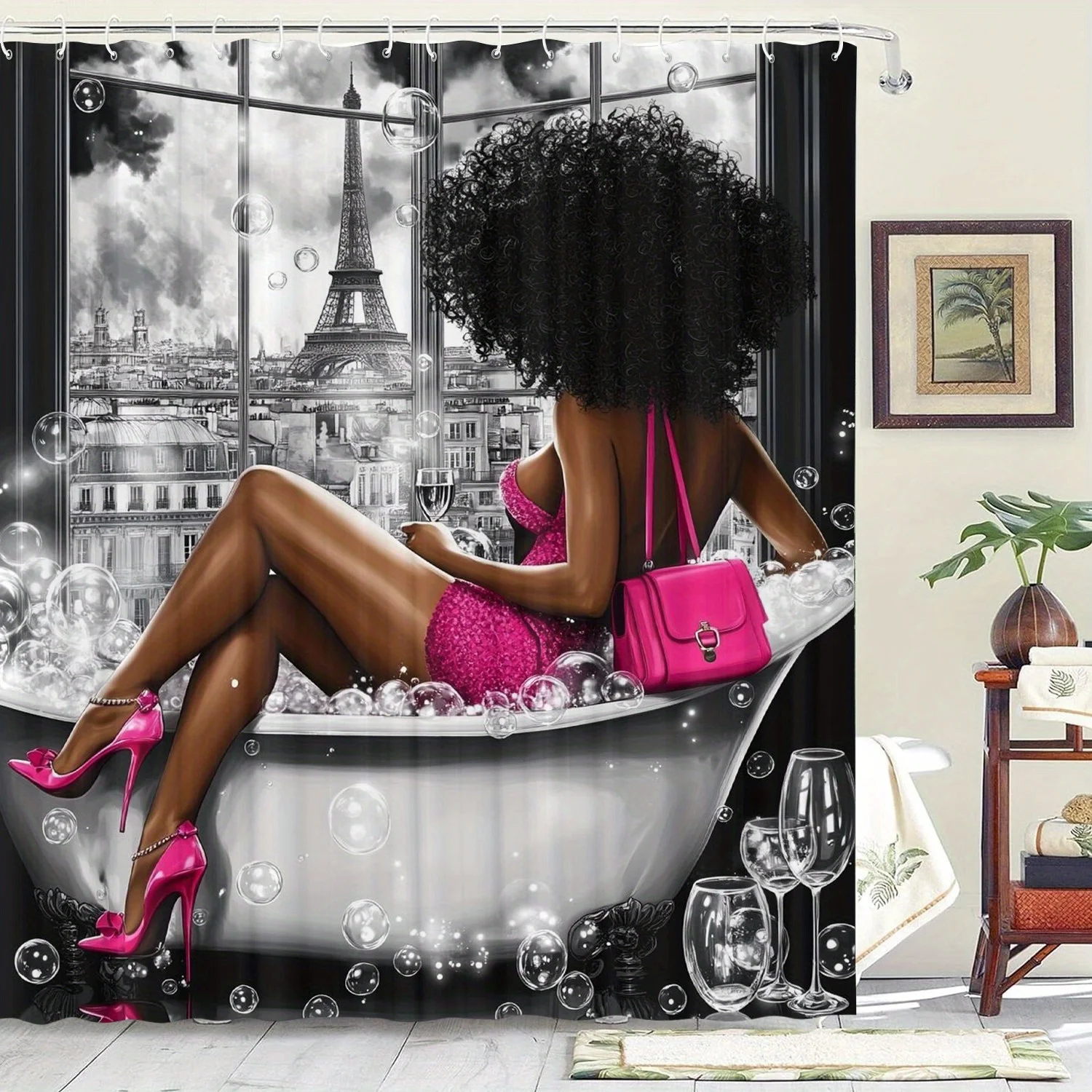 Beautiful black pattern shower curtain waterproof for room home hotel machine washable curtain waterproof bathroom