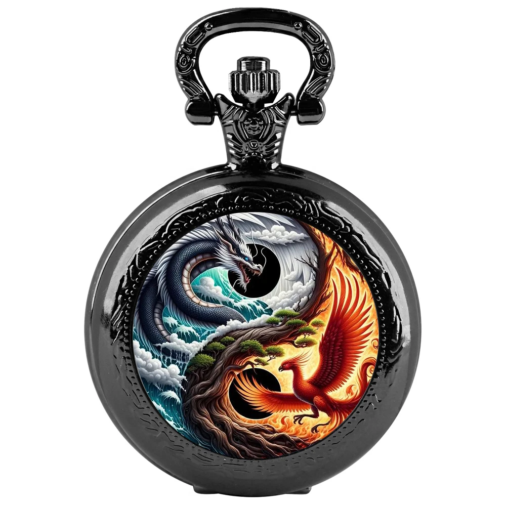 Exquisite Glass Patch Phoenix Dragon Quartz Pocket Watch - Handmade gift watch for men and women with retro style