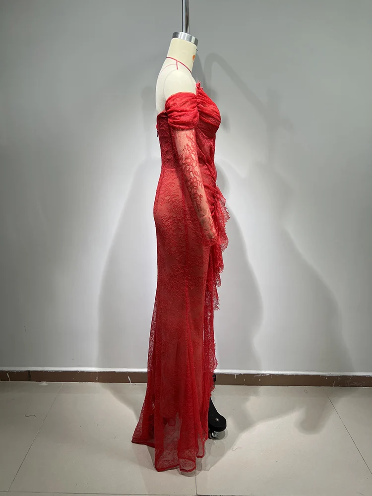 Sexy Off Shoulder Long Sleeve Lace Ruched Long Dress Women Red V Neck Hollow Out Slim Maxi Dresses Evening Party Runway Gowns