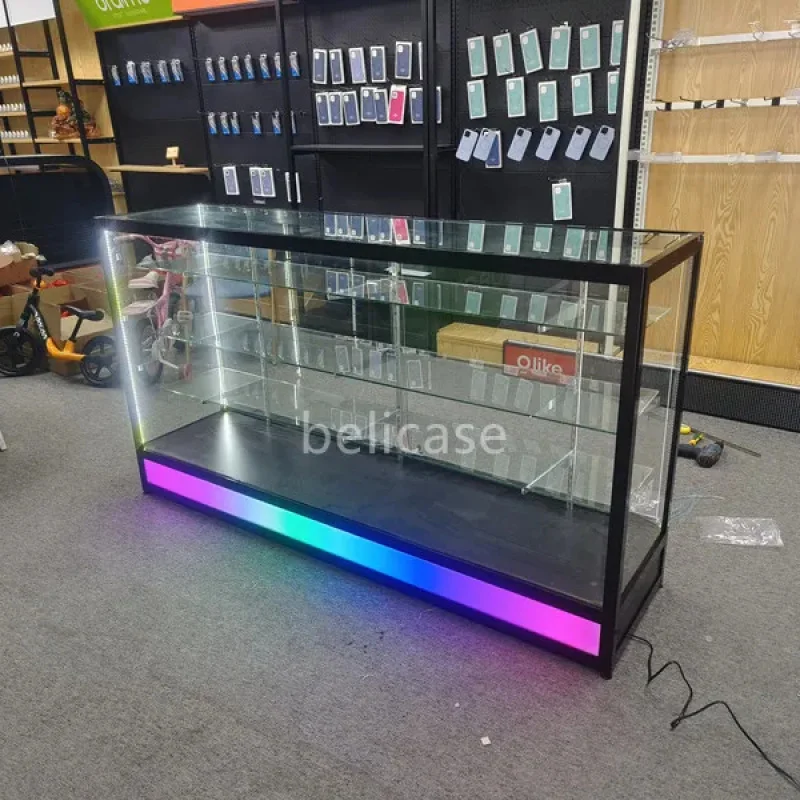 

2025 customized.6ft Glass Display Showcase with Running Light Aluminum Frame Floor Standing Display Counters Smoke Shop Display