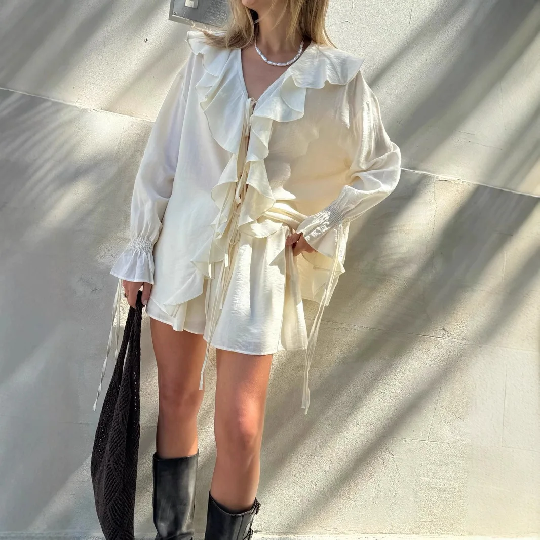 

2025 Summer New Product Lace Loose Ruffle Top And Shorts Set For Women 34320