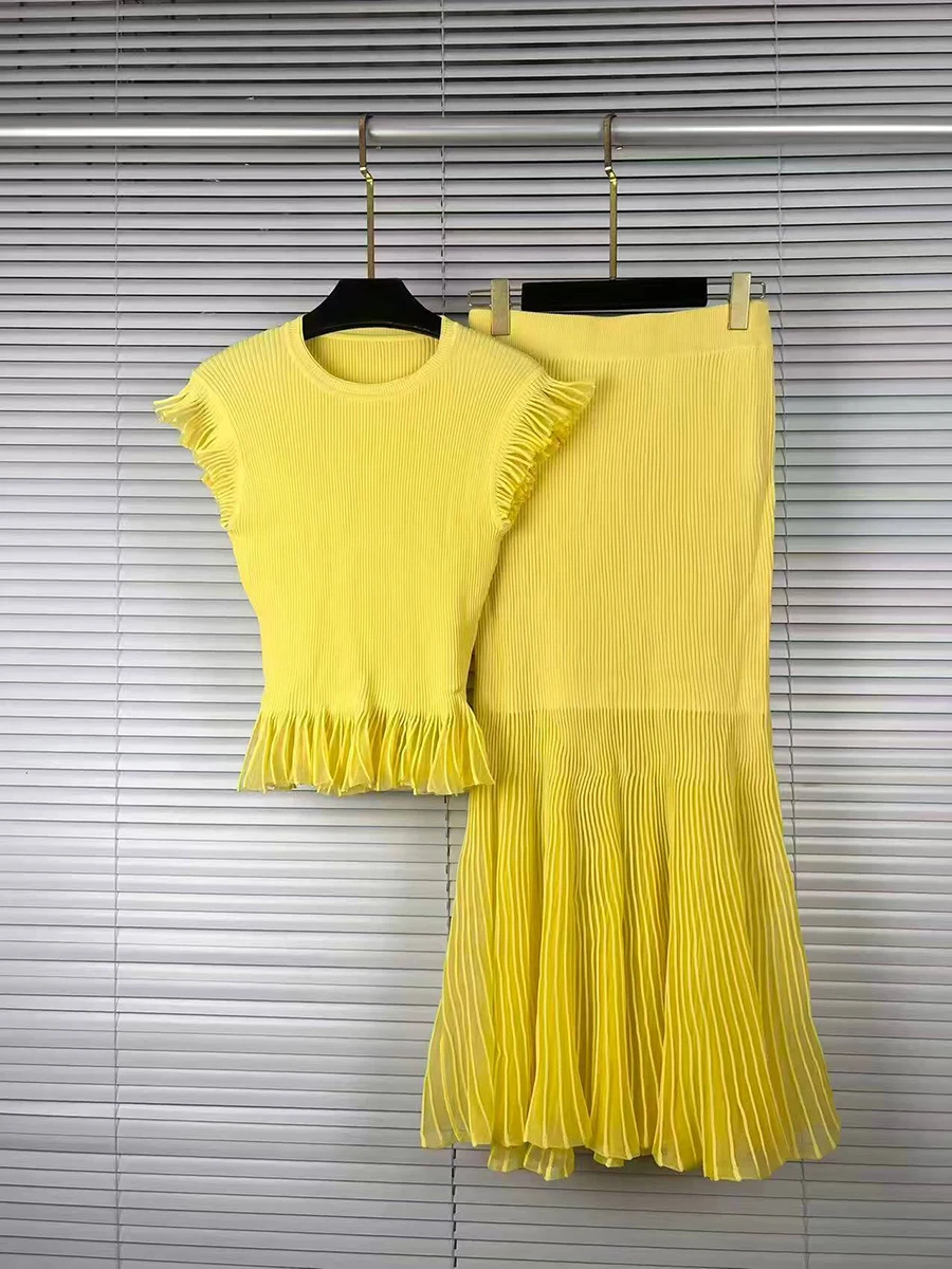 VGH Ribbed Knit Two Piece for Women Round Neck Ruffle Cap Sleeve Sheer Pleated Midi Skirt for Soft Tone Birthday Banquet Outfit view 2