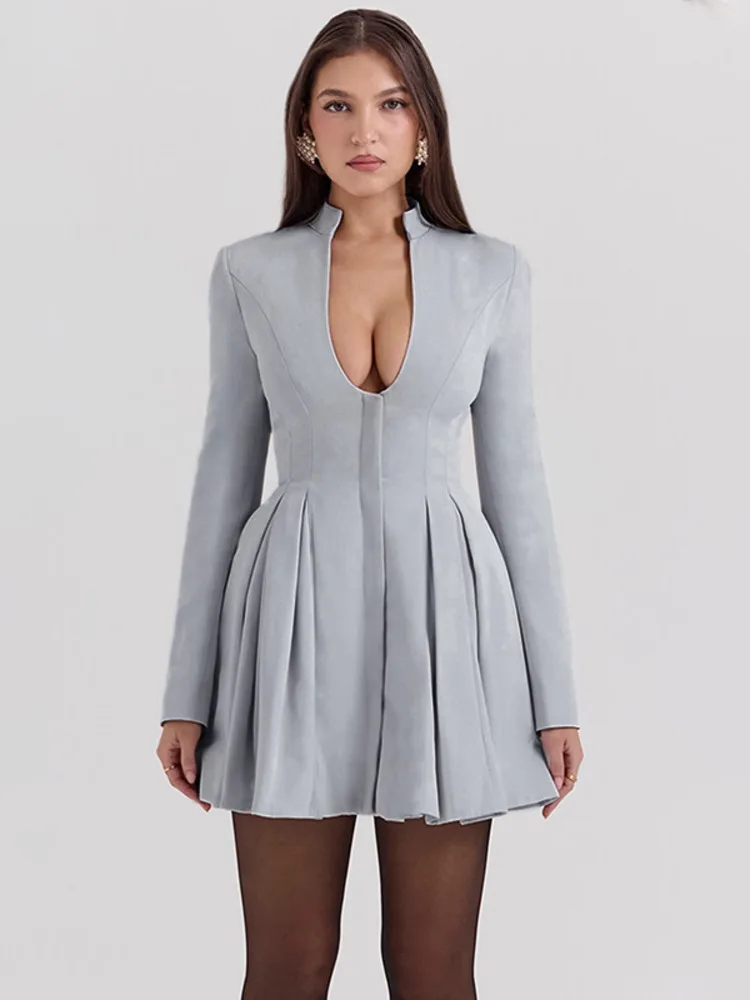 Mozision Gray Long Sleeve Sexy Mini Dress Women Solid V Neck High Waist A-line Club Party Pleated Sexy Dress Elegant Clubwear