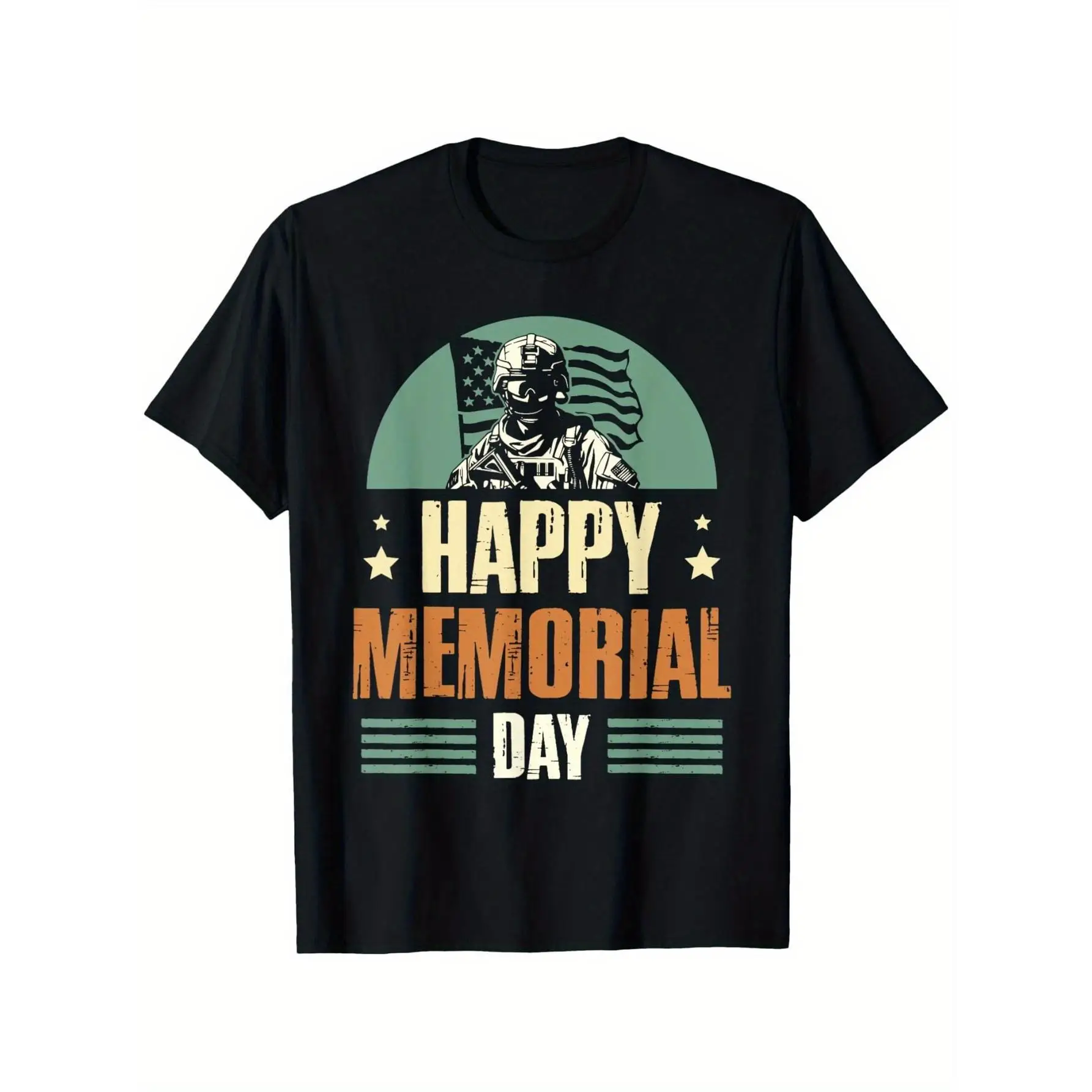 

Retro - styled Patriotic T - shirt: 'Happy Memorial Day' Design Blending Military Aesthetic and Festive Typography