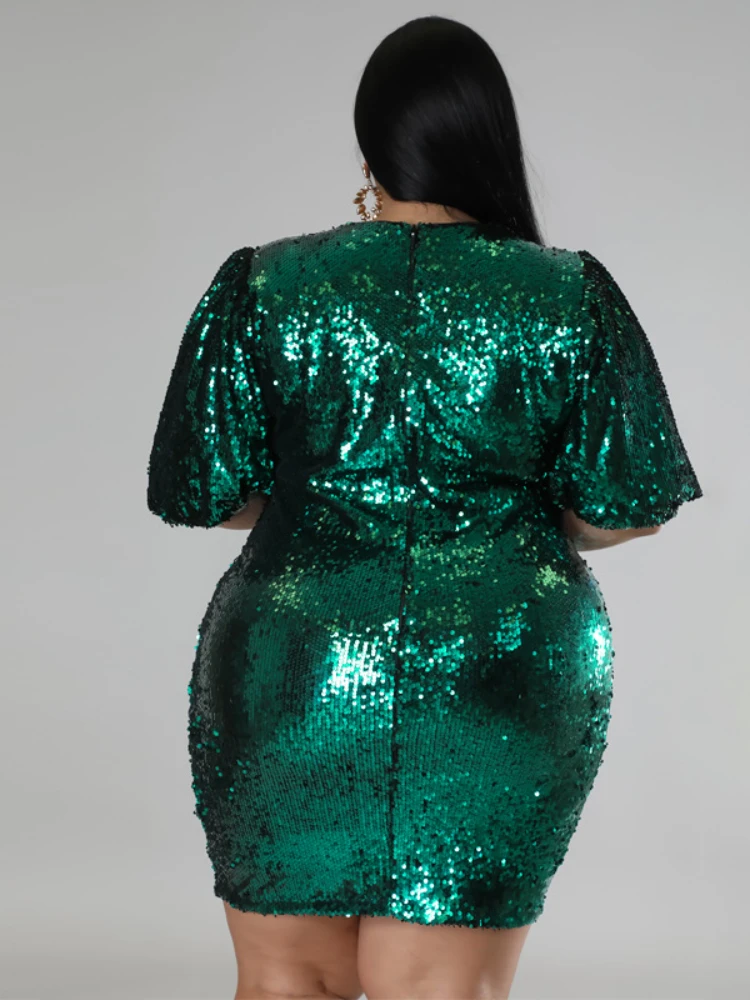 Shiny Sequin Dresses Plus Size Women O Neck Puff Sleeve Slim Fit Mini Dress Gwons Sparkly Party Birthday Nighclub Outfits 4XL