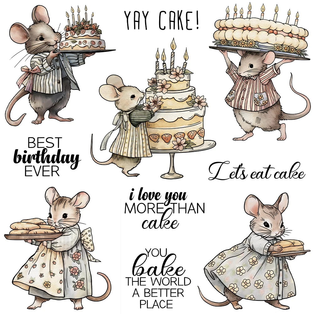 Mangocraft Happy Birthday Cakes Cute Mouse Metal Cutting Dies Clear Stamp DIY Scrapbooking Dies Silicone Stamps For Cards Albums