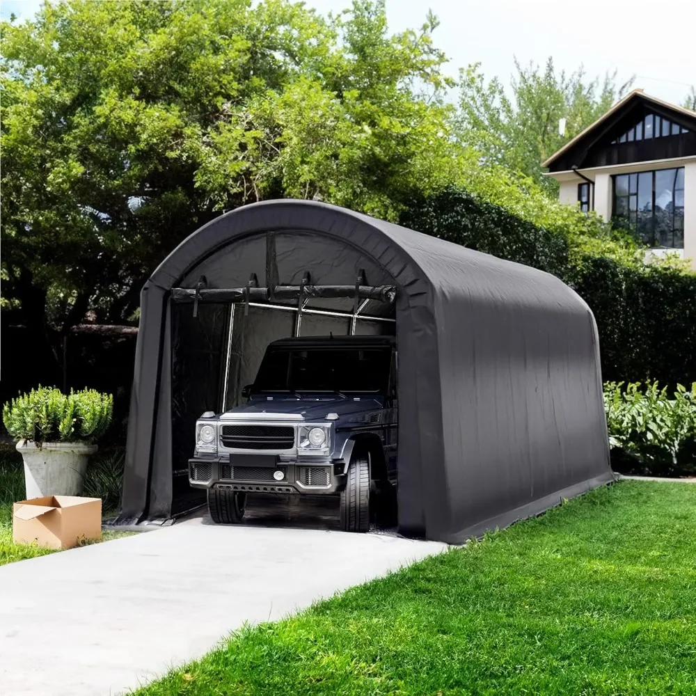 10x20 FT Heavy Duty Carport,Round Style Portable Garage Waterproof Anti-Snow Shelter Storage Canopy, Doors Sheds ,Black