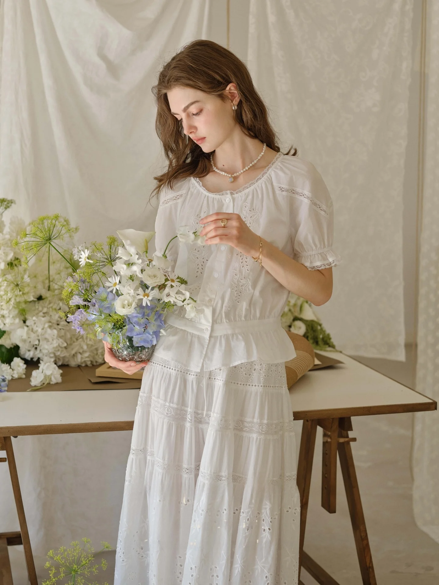 White Poetic Love Story Cotton Embroidered Heavywork Bubble Sleeve Shirt And Half Skirt Set SimpleRetro Women's Fashion Ensemble