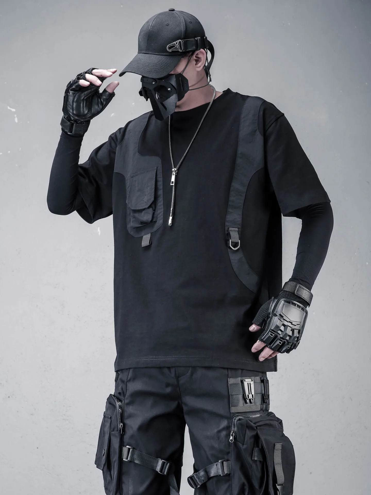 Loose Fit Men's Workwear Short Sleeve T-Shirt Summer Trendy Brand Patchwork 3D Pocket Breathable Cotton Casual Tee