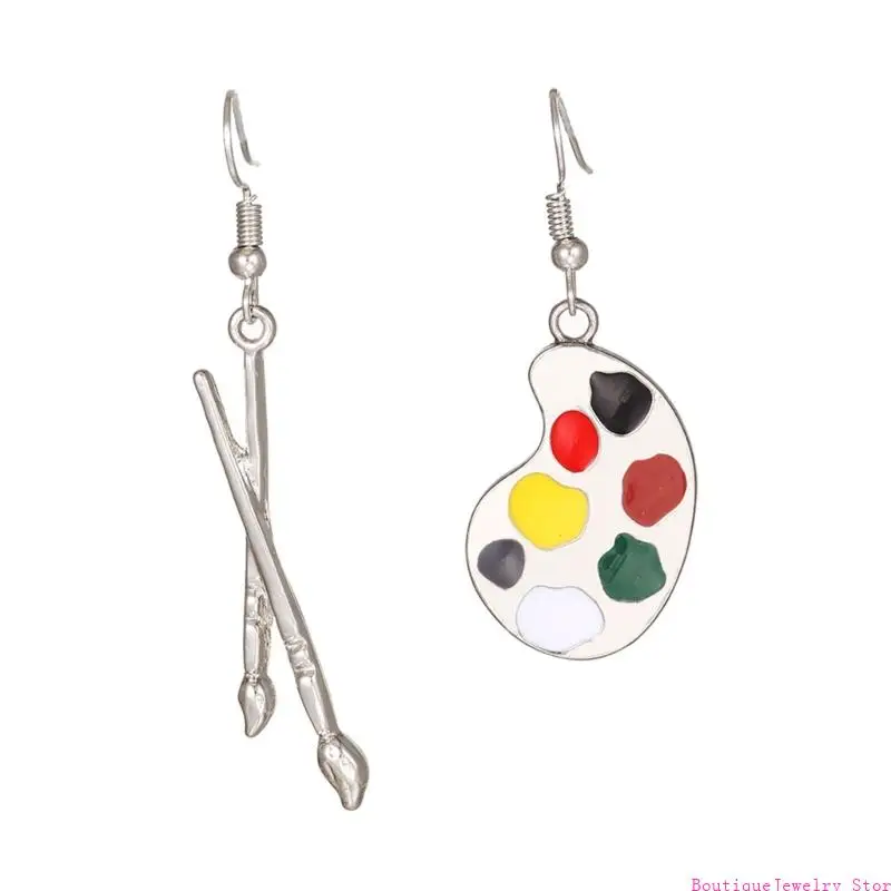 E1PE Women's Asymmetrical Art Earrings, Paintbrush and Palette Alloy French Hook Pair for Daily Outfit Styling