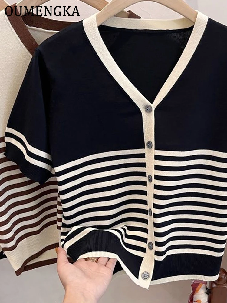 OUMENGKA Striped V Neck Knit Sweater Women's Summer Temperament Short Sleeve Solid Color Versatile Cropped Cardigan Top