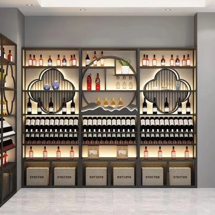 

New Chinese style shop winery wine cabinet red wine lamp display cabinet floor rack wrought iron wine rack