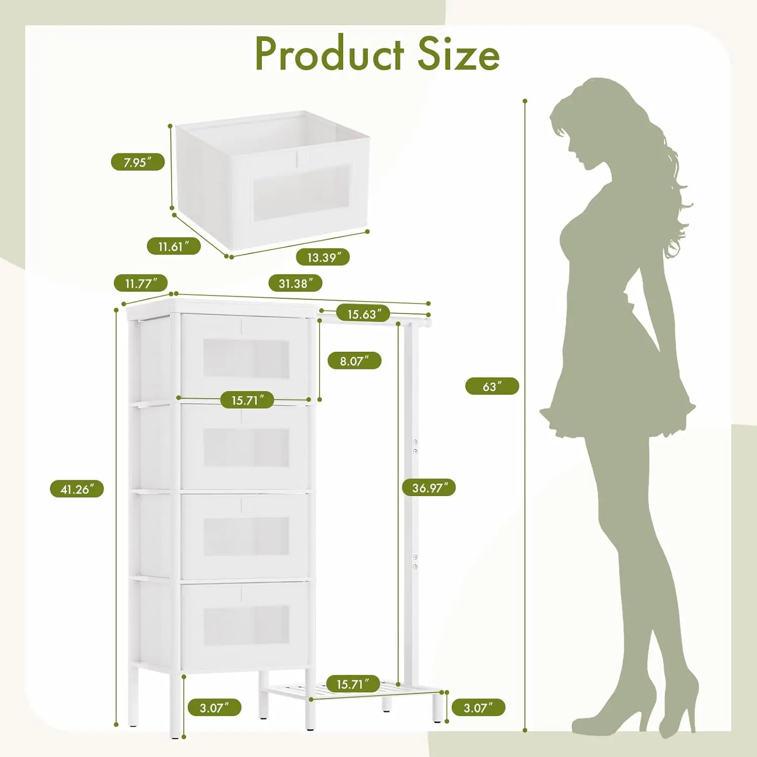 Bamboo Rectangular Dresser Hanging Rack 4-Drawer Small Closet Organizer Bedroom Tall Storage Tower Natural Wood 41.4